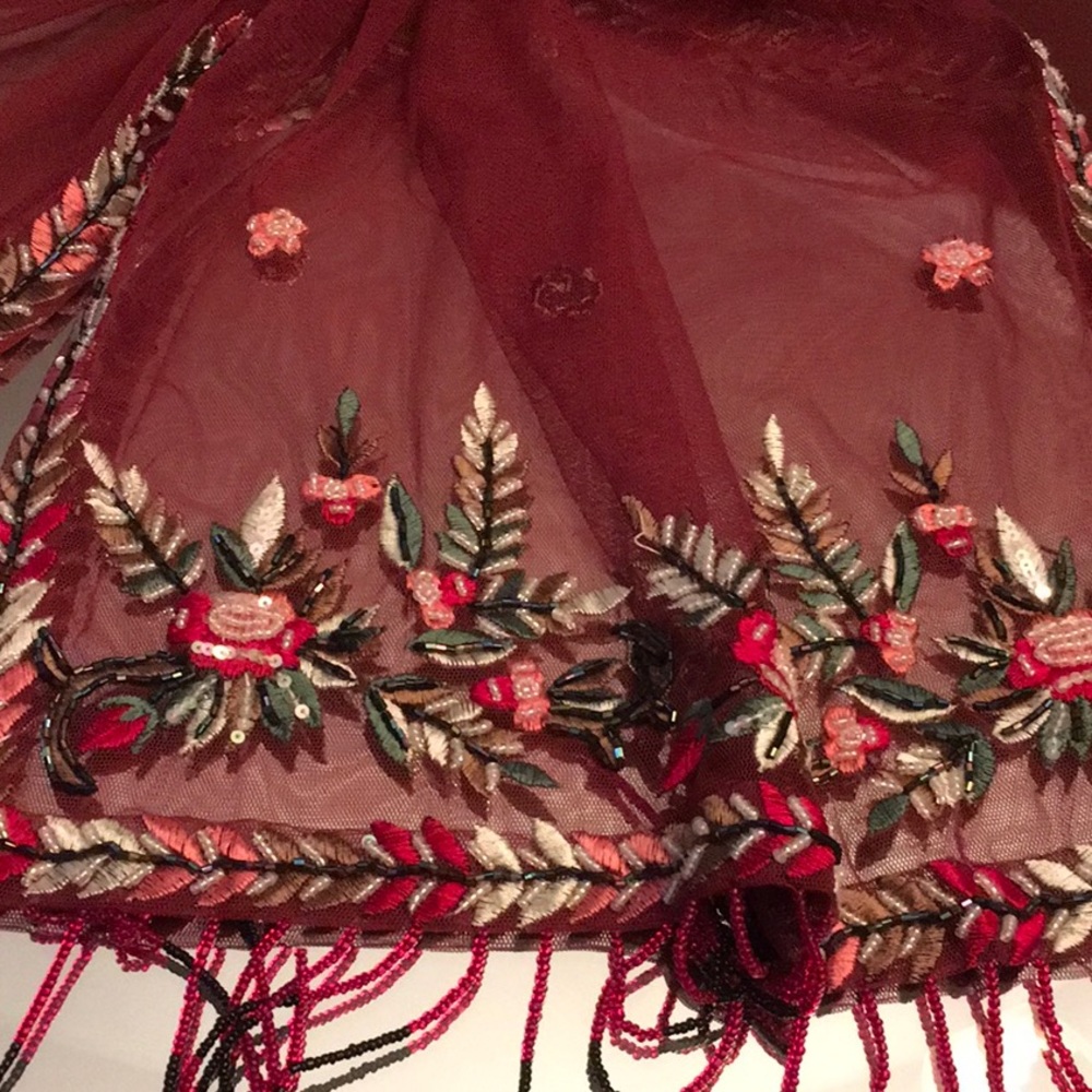 GORGEOUS SCARF- Beaded Floral Red, Green and Gold